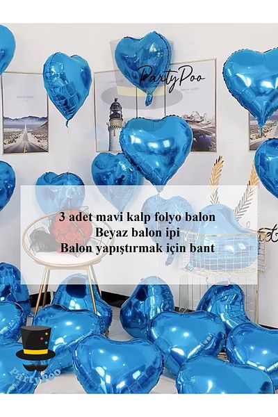 PartyPoo Blue Metallic Heart Foil Balloon Set 3 Pieces Birthday and Bride to Be Balloons