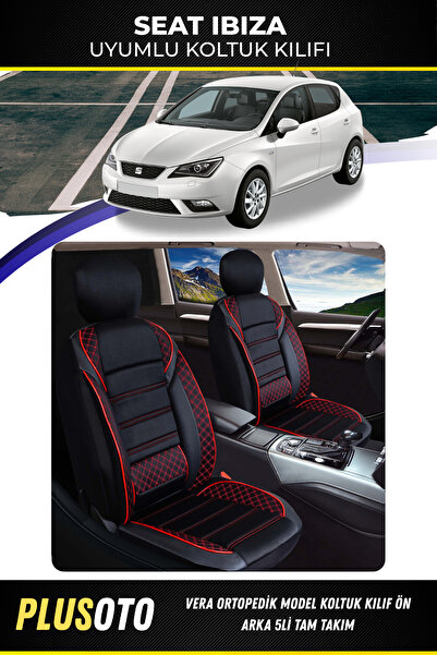 PlusOto Seat İbiza Uyumlu Vera Serisi Siyah Kırmızı Oto Koltuk Kılıfı 5li Tak...