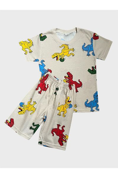 ALİŞ KİDS Boys' Cotton Beige Color Dinosaur Patterned Short Sleeve Shorts Summer Pajama Set
