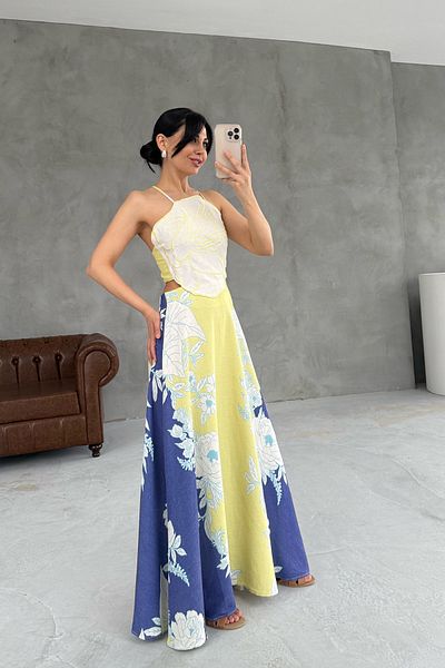 Seda Yalçın Atelier Yellow Colored Positano Linen Dress with Back Tie and Flower Print