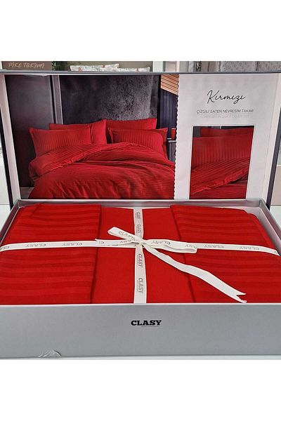 ARAN CLASSY Σετ Παπλωματοθήκη ριγέ Σατέν Διπλό Κόκκινο