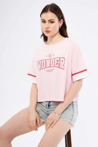Kadın Wonder Baskı Desenli Kısa Kollu Organik Pamuklu Bisiklet Yaka Crop T-shirt
