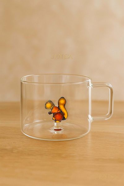 Jenisa 200 ml Borosilicate Glass Mug with Squirrel Figure – Heat Resistant, Transparent Design
