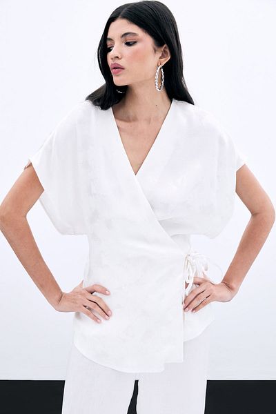 Sateen Tie-Up Jacquard Satin Blouse - Ecru