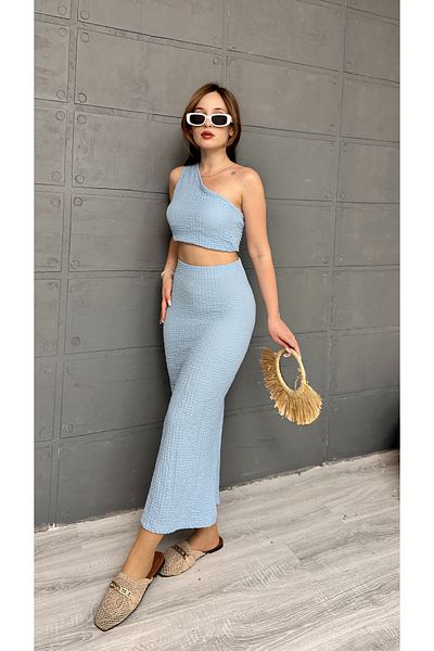 orjinal blue b Gagari Fabric Blouse Skirt Set