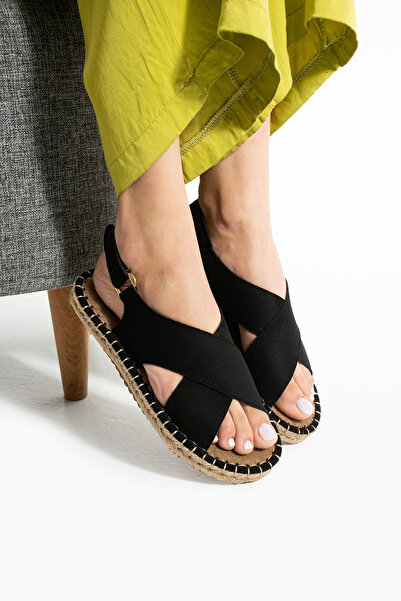 HVZ Exclusive Siyah Kadın Hasır Taban Anatomik Comfort Espadril Ergonomik Ark...