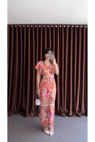 HAZELANNA فستان كتان منقوش ملون