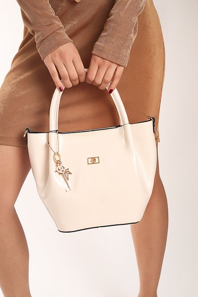 Moda Lime Women's Shiny Patent Leather Cream Medium Size Stylish Bag with Accessory Detail