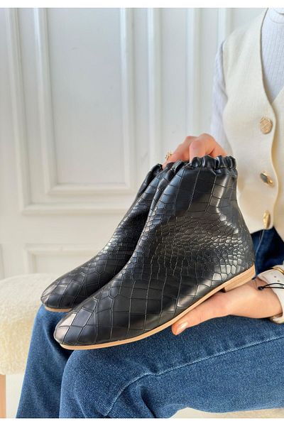 pabucmarketi Black Faux Leather Patterned Women's Boots