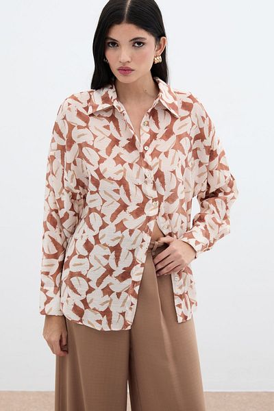 Sateen Patterned Viscose Shirt - Brown