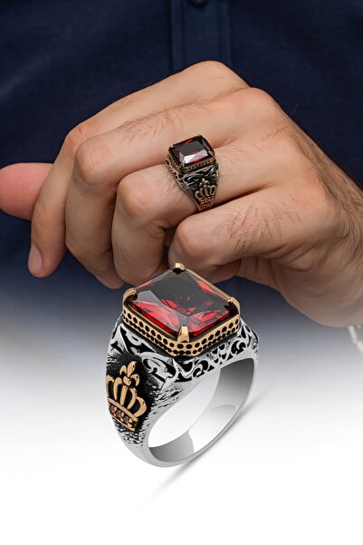 ALYANSEVİM Kırmızı Taşlı Kral Tacı Motifli 925 Gümüş Erkek Yüzük