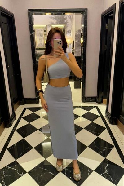 nedo7 Long Skirt with Side Slits Asymmetrical Crop Double Set - Baby Blue