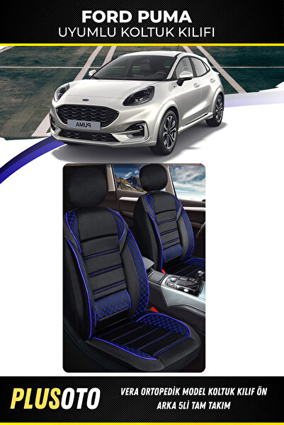 PlusOto مجموعة أغطية مقاعد السيارة المتوافقة مع سلسلة Vera من Ford Puma باللون الأسود والأزرق مكونة من 5 قطع M-300