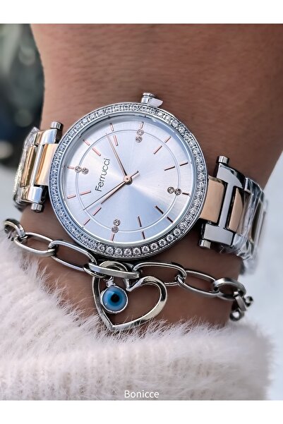 Ferrucci Rose Colored Women's Wristwatch and Evil Eye Beaded Bracelet - Water...