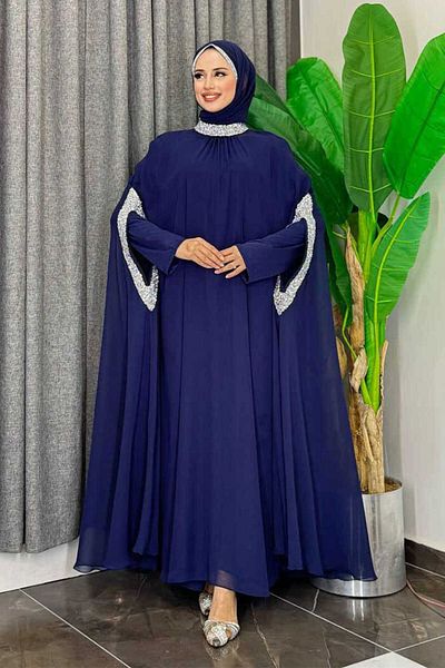 Bym Fashion Stone Processing Detailed Dress Cape Suit Navy Blue