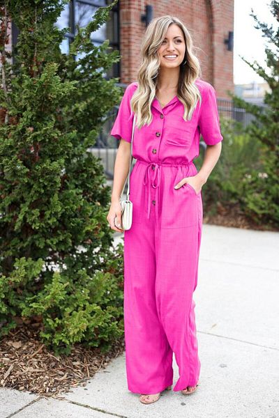 Toridas Linen Casual Fuchsia Jumpsuit