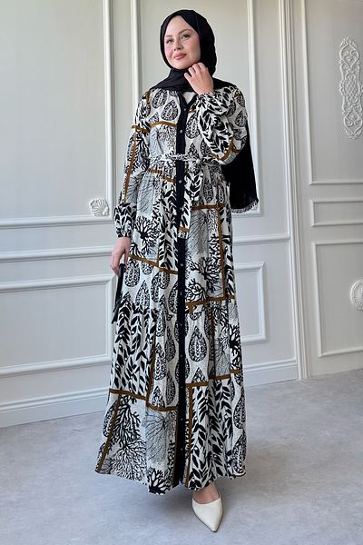 InStyle Belted Leaf Pattern Black Viscose Dress with Colorful Patches