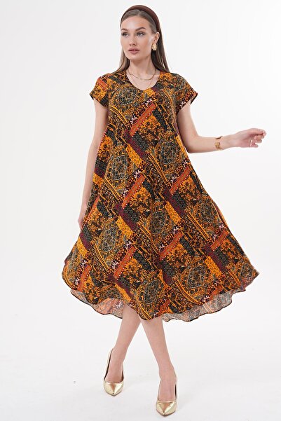 Siyezen V Yaka Etnik Desen Kloş Elbise