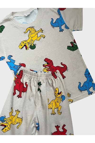 ALİŞ KİDS Boys' Cotton Beige Color Dinosaur Patterned Short Sleeve Shorts Summer Pajama Set