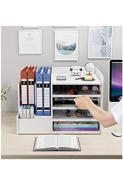 Generic رف منظم لسطح المكتب باللون الأبيض، سعة تخزين كبيرة للأوراق بحجم A4 والكتب والرسائل واللوازم المكتبية