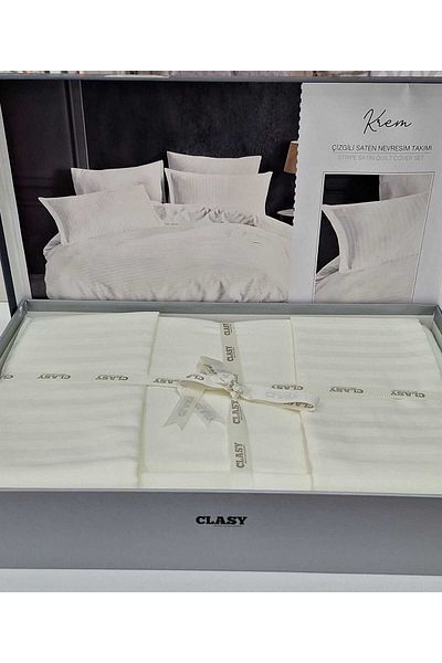 Aran Clasy Double Ecru Satin Duvet Cover Set - Clasy Striped