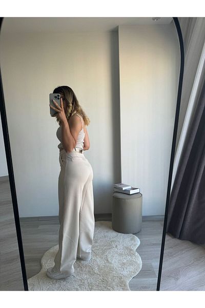 Shield Life Țesătură Baggy BEIGE Pantaloni de damă cu cataramă Pantaloni negri cu talie super înaltă Cheia eleganței Cataramă Data