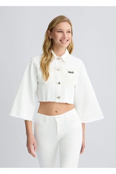 Liu Jo Women Button Closure Crop Oversize Wide Sleeve Pocket Embroidery Detail White Jacket Wa5446D4666-10701