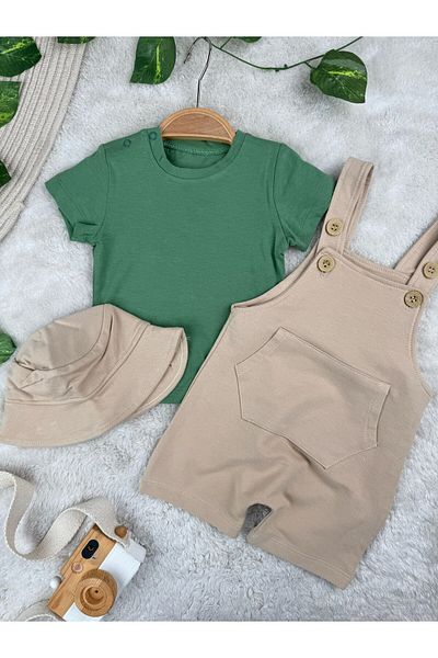 Minizade 3-Piece Set with Bucket Hat, 100% Cotton Fabric, T-Shirt and Slippers
