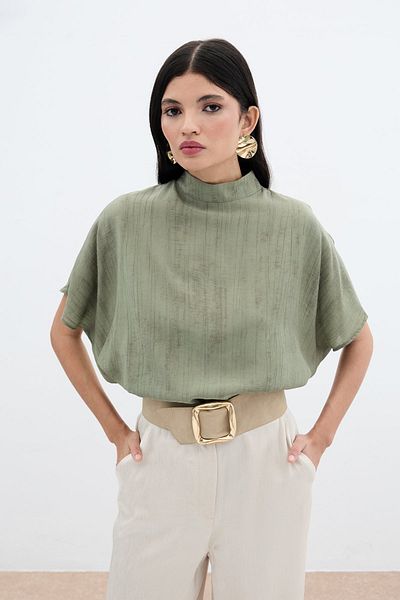 Sateen Patterned Loose Blouse - Khaki