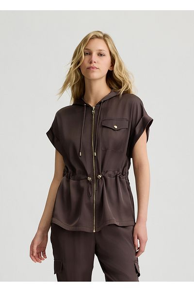 Liu Jo Women's Short Sleeve Waist Drawstring Hooded Collar Brown Jacket Ta5236Ts964-91016