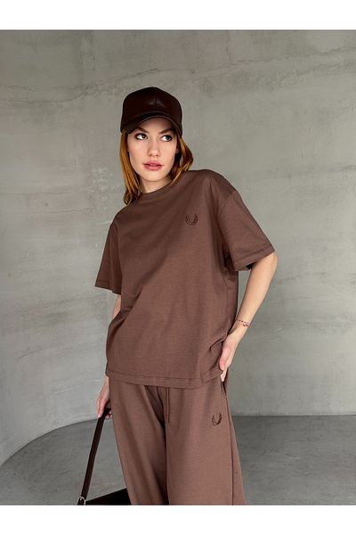 Cappmoda TKM-0052 Κεντημένο μπλουζάκι με λαιμόκοψη με μοτίβο καφέ φύλλων Παντελόνι Palazzo με δέσιμο στη μέση