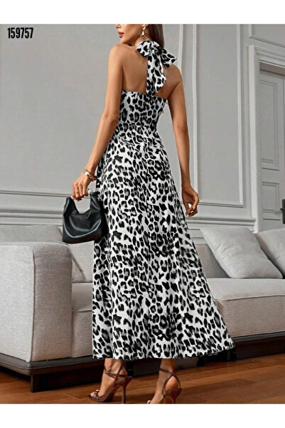 Modayakamoz Kadın Leopar Desen Omuzlardan Açık Boyundan Çapraz Bağlama Detayl...