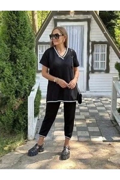 nedo7 Women's Short Sleeve V-Neck Two Thread Blouse and Pants Double Set