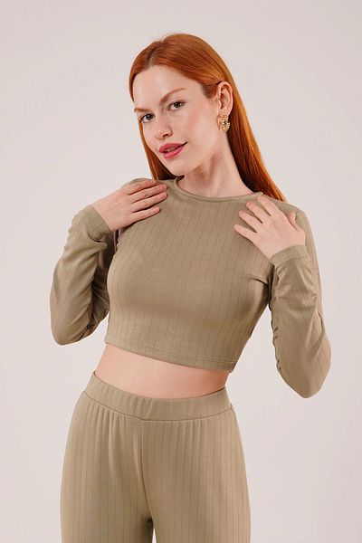 nedo7 Ribbed Blouse and Trousers Green Double Set