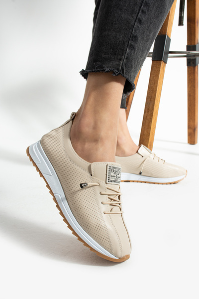 HVZ Exclusive Bej Bağcıklı Spor Ayakkabı Comfort Yumuşak Tabanlı Bağcıklı Sne...