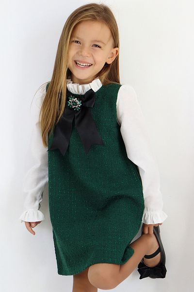 Parla Kids Rochie de Crăciun cu mânecă lungă din tweed cu broșă Vanessa verde smarald pentru fete