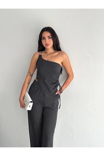 nedo7 Asymmetrical Crop Pantalon Double Set - Smoked
