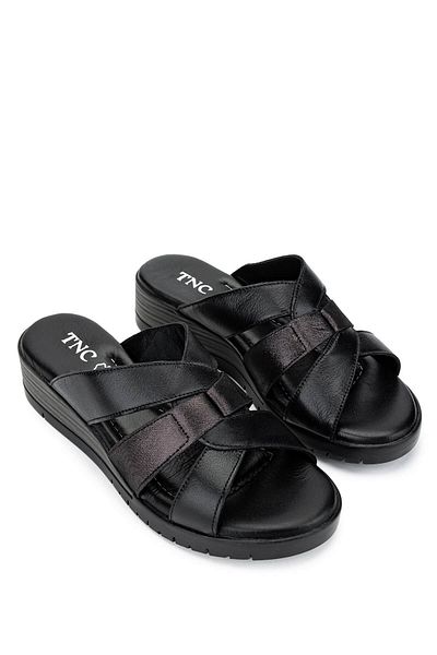 Tamer Tanca Women's Genuine Leather Black Heeled Slippers