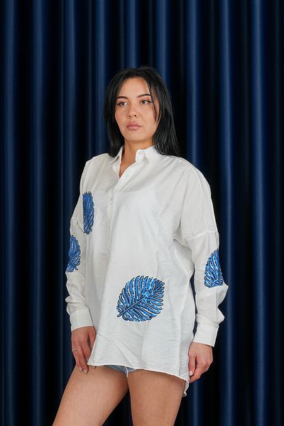 Stil Sepeti Women's White Oversize Leaf Patterned Sequin Detailed Shirt St- 1000714230