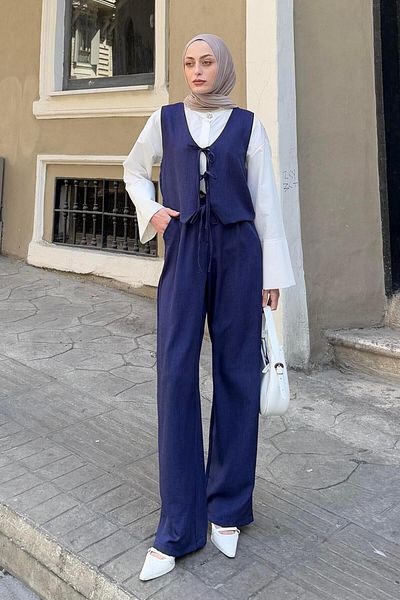 lamelif Δεμένο λεπτομερές γιλέκο-παντελόνι Κοστούμι δύο τεμαχίων Navy Blue