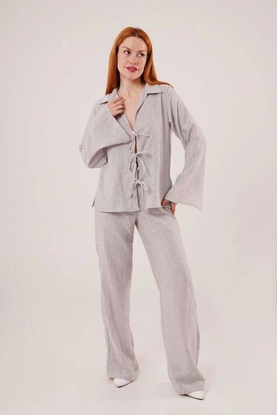 nedo7 Front Tie Detailed Trousers and Shirt Gray Double Suit