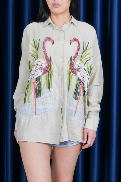Stil Sepeti Women's Khaki Oversize Flamingo Patterned Sequin Detailed Embroidered Shirt St- 1000743
