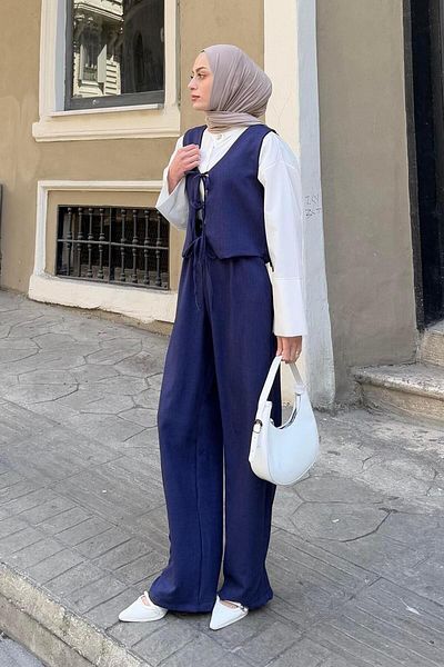 lamelif Δεμένο λεπτομερές γιλέκο-παντελόνι Κοστούμι δύο τεμαχίων Navy Blue