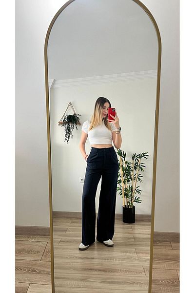 Tutals Women's Navy Blue Color Lycra Draped High Waist Wide Leg Comfortable Fit Palazzo Fabric Trousers
