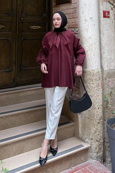 lamelif Tunic Burgundy with Tie Detail