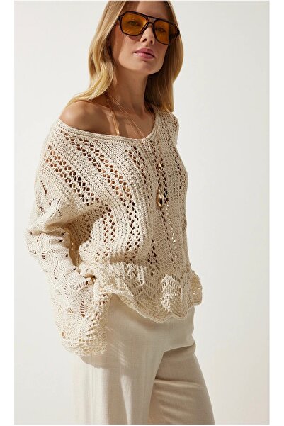 K-ODEA BUTİK Εκρού διάτρητο ισπανικό πλεκτό πουλόβερ εποχιακό