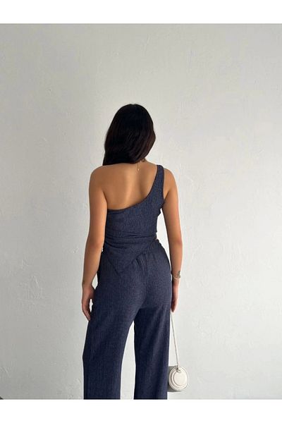 nedo7 Asymmetrical Crop Pantalon Double Set - Navy Blue