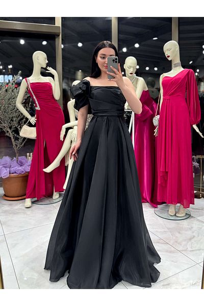 missswans Mariah Gathered One Sleeve Back Drawstring Lined Organza Long Dress Black