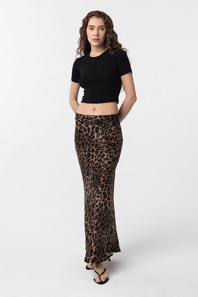Antioch Brown Leopard Patterned Belted Long Women's Skirt