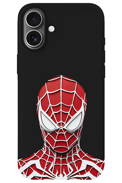 WANNA PROTECT iPhone 16 Siyah İçi Kadife SpiderLook Desenli Silikon Telefon K...
